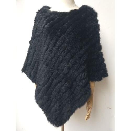HSPL 2021 Spring Hot Sale Knitted Natural Fur Shawl Fashion Rabbit Fur Cape Shawl Genuine Rabbit Fur Women Black Fur Poncho