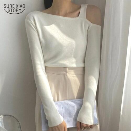 Long Sleeve Knitted Sweater Lady Casual Solid Women Sweater Autumn Irregular Off Shoulder Sweater Vest Jumper Sueter Mujer 11321