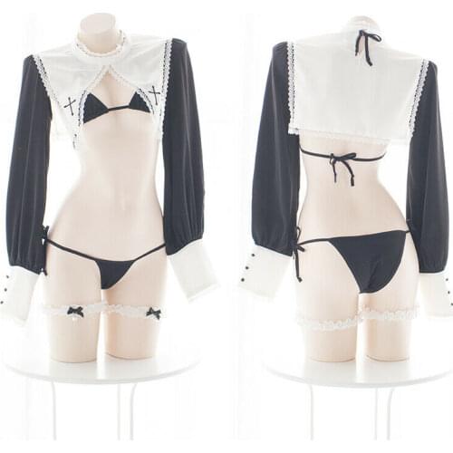 Japanese Sweet Lolita Sexy Sleepwear Nun Uniform Long Sleeve Pajamas With Bikini Set Anime Cosplay Underwear Camisoles Set