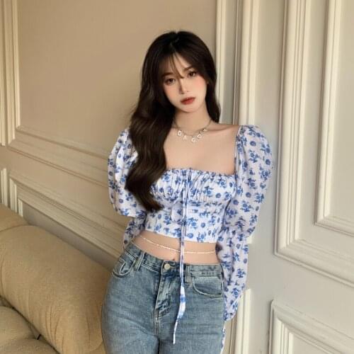 Blouse Women 2021 New Spring Sexy Short Top Retro Long-sleeved Floral Backless Shirt Bow Tie Thin Slim Blouses Womens Clothing