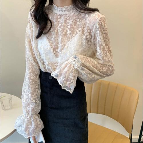 2021 Spring Summer Women Transparent Turtleneck Shirts Blouses Girls Full Flare Sleeve Sexy Lace Flower Tops Shirts For Female