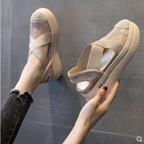 Hollow Fisherman Female Womens Platform lace Canvas Shoes Spring Summer Cut Out Canvas shoes Shallow Slip On Casual Sandals