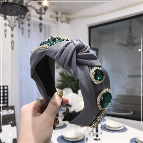Emerald Rhinestones Headband Knitting Cross Bow Womens Headdress Europe And America Gorgeous Hairband