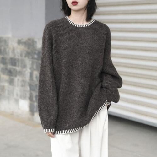 2021 Fall/winter Womens Sweater Large Size Knitted Loose Lazy Retro Hit Color Pullover Round Neck Sweater Trend Oversized Top
