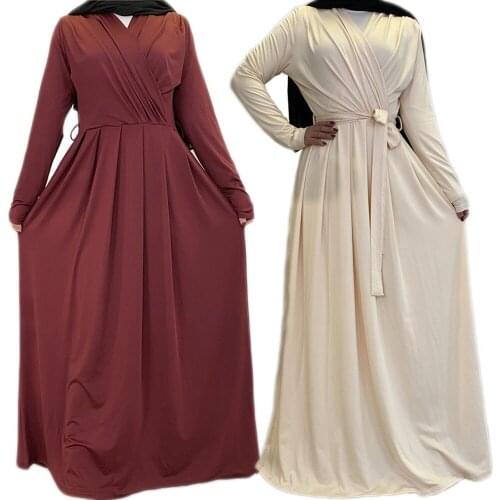 Middle East Muslim Women Long Dress Solid Abaya Arab Kaftan Dubai Ramadan Islamic Vestido Long Sleeve Maxi Robe Gown V-neck New