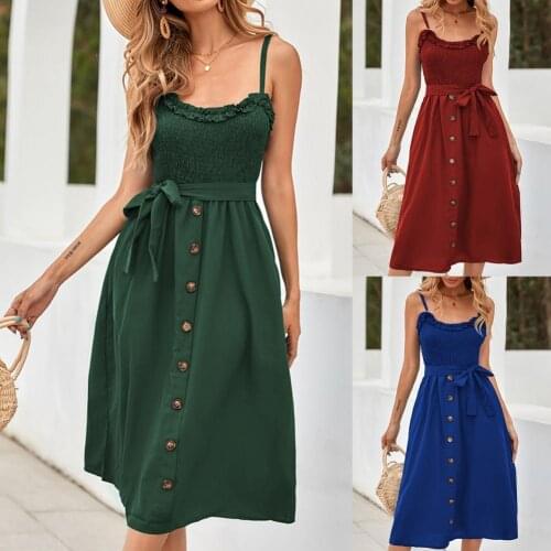 Women Off Shoulder V-neck suspender dress Summer Solid high waist Folds A-line dresses Elegant lace-up button dress