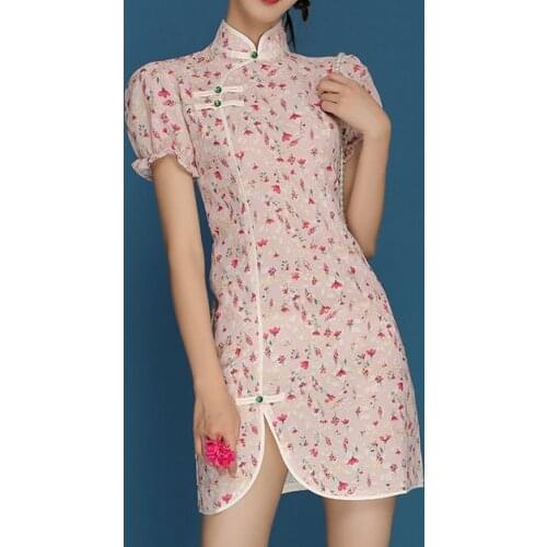 French Retro Fashion Cheongsam Chiffon Embroidery Pretty Women Puff Sleeves Cute Split Print Elegant Dress Female Summer Y2k