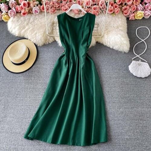 2021 New Summer O-Neck Slim Elegant Dress Women Sleeveless Fashion Solid Color Ladies Long Dress Vintage A-line Dress