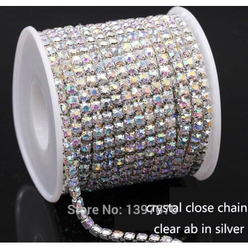 1Yards/lot ss6-ss18 dense Crystal ab in silver base close rhinestone chain Cup chain for clothing ornament accessories