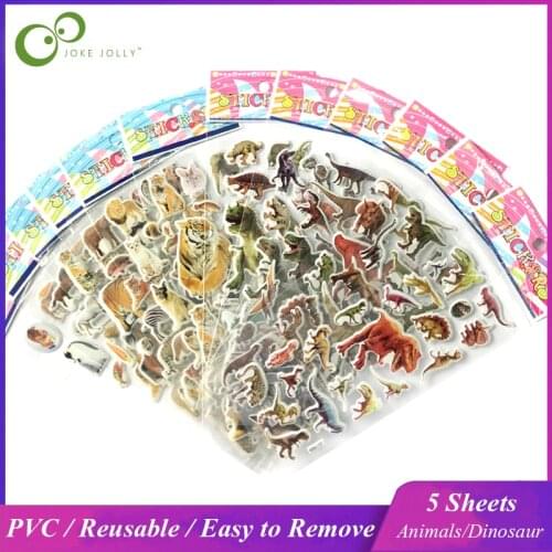 5 Sheets 3D Bubble Stickers Animals Dinosaurs Waterproof PVC Stickers Educational Toys for Children Kids Baby Boy Girl Gift GYH
