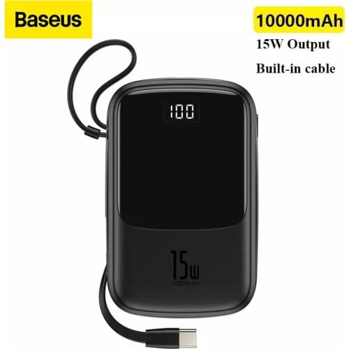 Baseus Power Bank 10000mAh Built-in Type C Cable 3A 15W Powerbank Phone Charger Digital Display Poverbank Mini Portable Charger