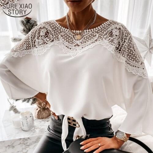 White Blouse Women Lace Shirt O-Neck Crochet Floral Long Sleeve Shirt Embroidery Casual Sexy Office Ladies Tops Clothes 12459