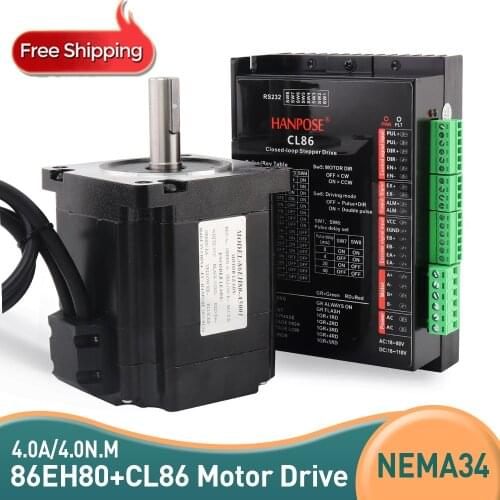 Free Shipping 4.0N.M 4.0A Nema34 86 Hybrid closed loop Stepper Motor 86EH80A4001+CL86 Drive motor Closed-loop step motor kit