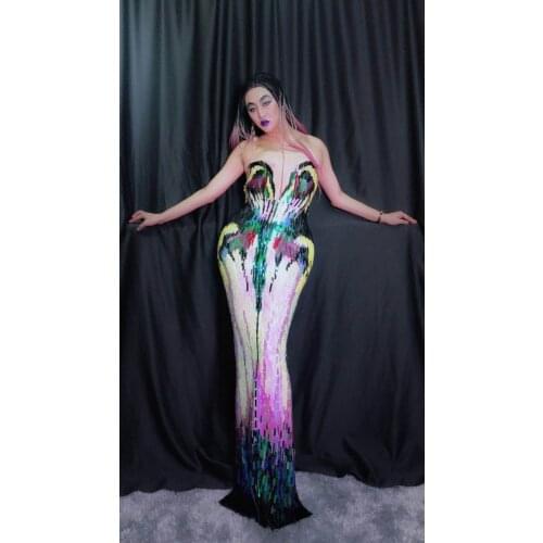 Sparkly Colorful Sequins Dress Stretch Slim Evening Wear Female Singer Outfit Birthday Long Dress Party Stage Sexy Dresses