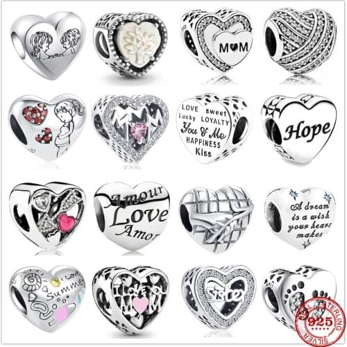 Heart Shape 925 Sterling Silver Love Sweet Luck Mom Mum Sister Charm bead Fit Original Pandora Bracelet DIY Jewelry For Women