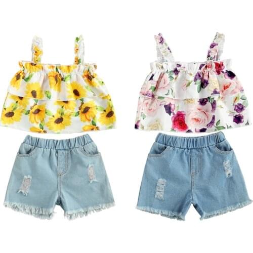 2 Pieces Kids Suit Set, Girls Flower Print Square Collar Sleeveless Tops+ Denim Shorts for Summer 2-7T New Style 2021