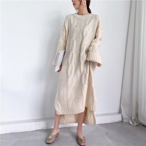 Women Solid Color Irregular Length Dress Twist Knitted Dress Female Knitwear Loose Dress