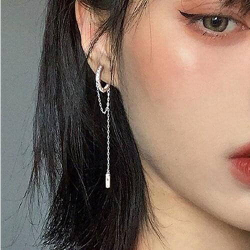 Elegant Silver Color Long Tassel Hoop Earrings For Women Handmade Cubic Zircon Bar Shape Earring Long Chain Tassel Jewelry Gift