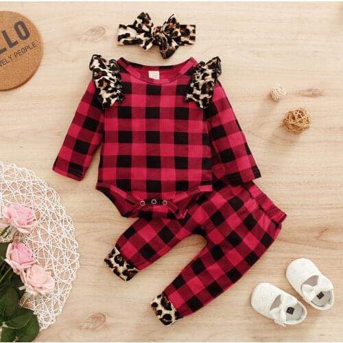 Plaid Leopard Romper Sets Infant Boys Girls Bodysuit+pants+headbands Outfits Baby Girl Stuff Clothes Set Roupa Baby Menina