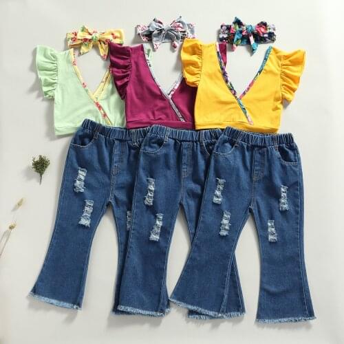 New Arrival Children Girls Fashion Summer Clothes Set 3 Pieces Suit Solid V-Neck Crop Tops+Ripped Flare Jeans+Headband