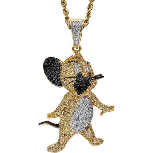 Golden Iced Out Jerry Pendant Pave Full Cubic Zircon Cartoon Mouse Necklace Hip Hop Rapper Jewelry For Men Gift