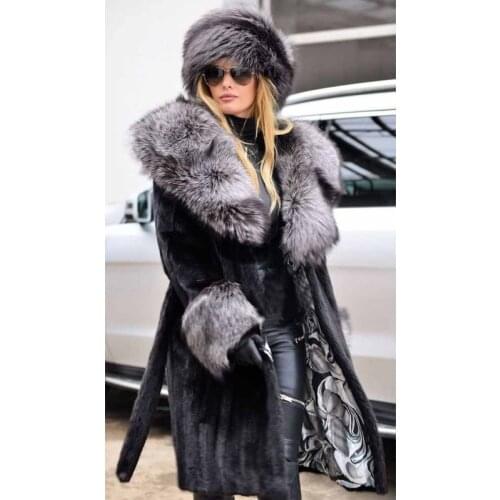 Fashion Black Genuine Mink Fur Coat with Silver Fox Fur Lapel Collar and Sleeve Cuffs Woman Winter New Real Mink Fur Coats Long