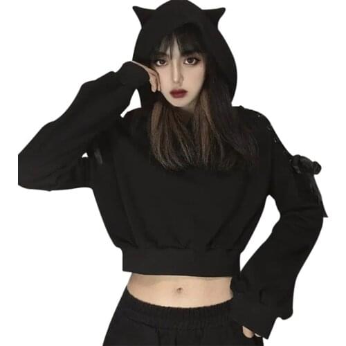 Fashion Womens Punk Cute Street Hoodies With Cat Ear Lace-Up Short Hoodies For Women Girls Loose Pullover Sweatshirt Women 2021