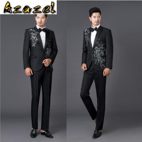 Azazel New Mens Classic Royal Black Groom Tuxedos Cheap Slim Fit Notched Lapel Vintage Wedding Prom Men Suit ( jacket+Pants)
