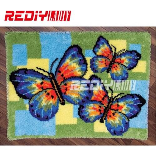 Latch Hook Kits Acrylic Yarn Embroidery DIY Carpet Rug Three Butterflies Multi-Colour Pre-Printed Wall Hanging Unfinished Craft