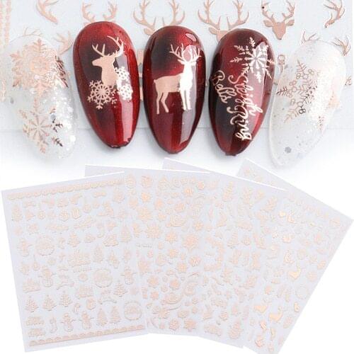 5D Nail Stickers Shiny Rose Gold Christmas Design Nail Polish Sliders Holographics Snowflake Nail Art