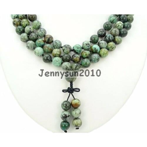 Natural African Tur-quoise 10mm Gems Stone Buddhist 108 Beads Prayer Mala Knot Necklace Multi-Purpose 5Strands/Pack