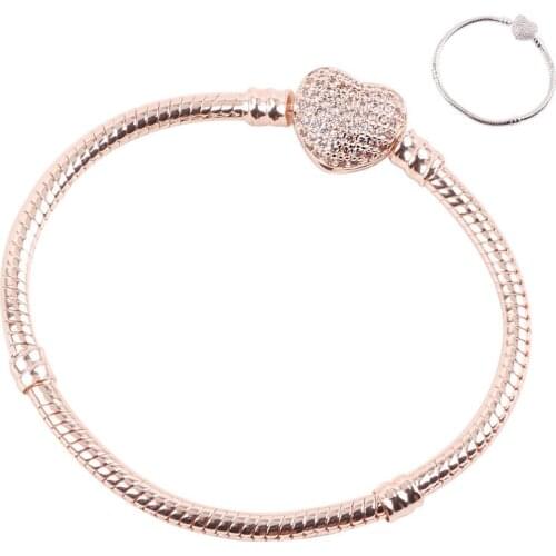 New Rose Gold Silver Heart-shaped Basic Bracelet Fit Original Charm Silver-Plated Snake Bone Chain For Women DIY Jewelry Making