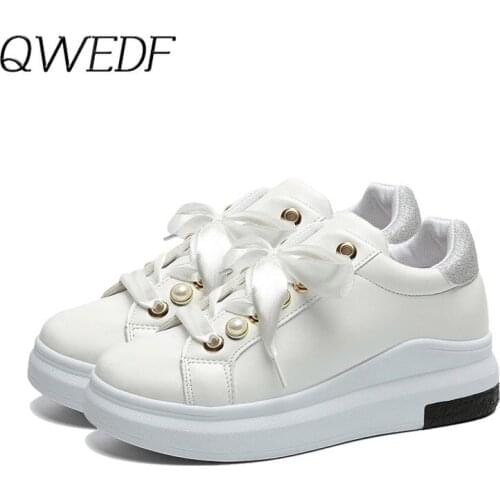 QWEDF New Spring Fashion Lady Casual White Shoes Riband Women Sneaker Black Leisure Shoes Pink Flats Cross-tied Pearl Soft K1-46