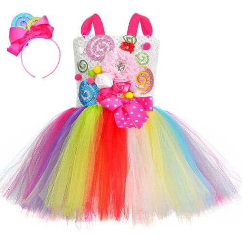 Rainbow Princess Girls Candy Dress For Birthday Halloween Costume For Kids Girl Sweet Lollipop Flower Girl Dresses With Headband