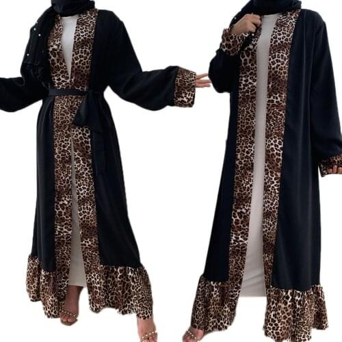 Ramadan Muslim Women Open Kimono Abaya Leopard Printed Patchwork Long Dress Turkish Dubai Maxi Robe Islamic Gown Arab Jilbab New