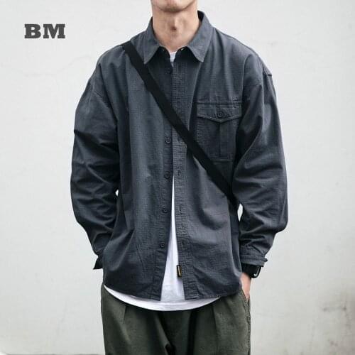 Japanese Harajuku Solid Color Cargo Shirt Male Korean Fashion Long Sleeve Kpop Casual Couple Clothes Streetwear Lapel Coat Men
