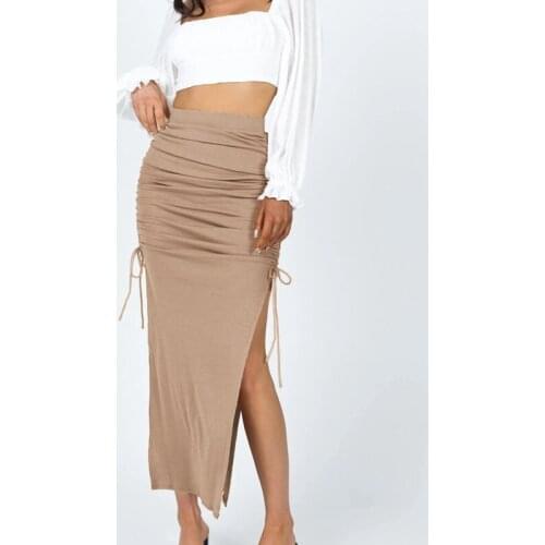 Sexy High Waisted Ruched Skirts Women Summer Charm Split Long Skirt Slim Party Bodycon Skirt