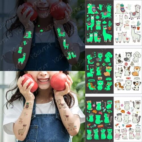 Waterproof Temporary Tattoo Sticker Alpaca Flower Animal White Cloud Luminous Children Tatoo Body Art Flash Arm Ankle Fake Tatto