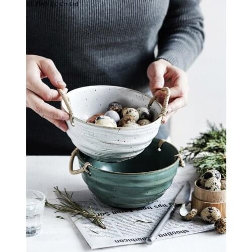 Japanese Retro Ceramic Fruit Dessert Bowl Household Handmade Stoneware Portable Braided Rope Salad Snack Bowl Tableware Supplies