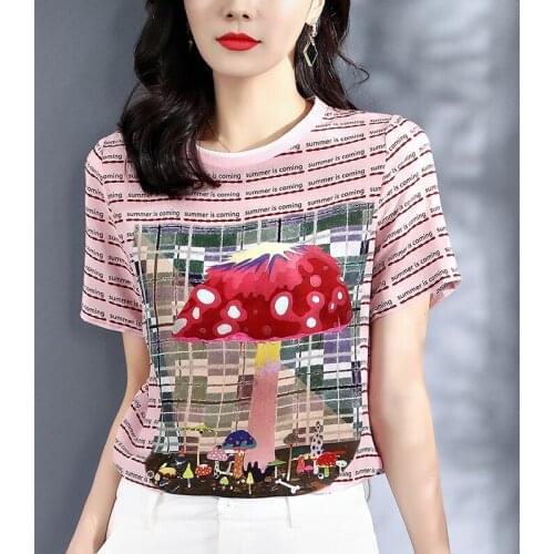 100% Natural Silk Women Casual T-shirt Elegant O-neck Short Sleeve Summer Pure Real Silk Tees Lady Striped Printed Tee Shirt