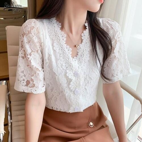Summer 2021 New Vintage Short Sleeve Womens Shirt V-neck Solid Ladies Tops Korean Chic Crochet Lace Chiffon Blouse Women 14436