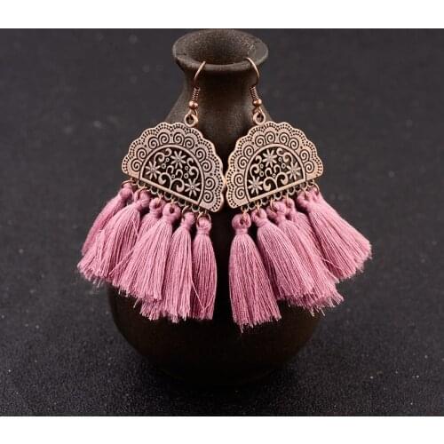 Amader Womens Semicircular Carving Bronze Boho Pink Long Tassel Earrings Handmade Ethnic Dangle Earrings Brincos HQE968