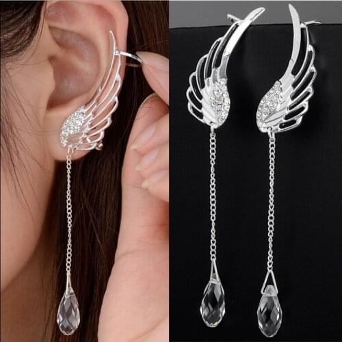 2021 New Silver Plated Angel Wing Stylist Crystal Earrings Drop Dangle Ear Stud for Women Long Cuff Earring Bohemia Jewelrys