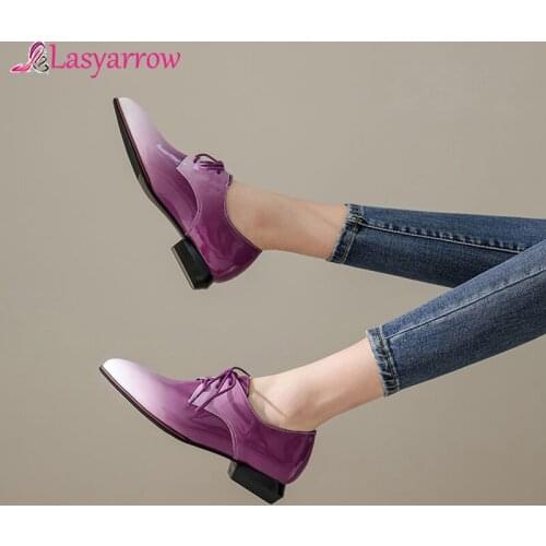 Lasyarrow Low Heels Women Shoes Mixed Colors Thick Heels Derby Shoes Lace Up Pointed Toe Pumps Female Purple New Large Size 50