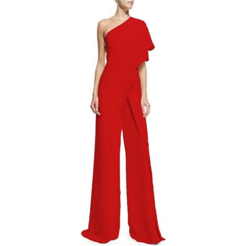 One Shoulder Sexy Jumpsuit Women 2021 Casual Solid Red Wide Leg Pants Summer Fashion Clothing Loose Jumpsuits Feminina LD1648