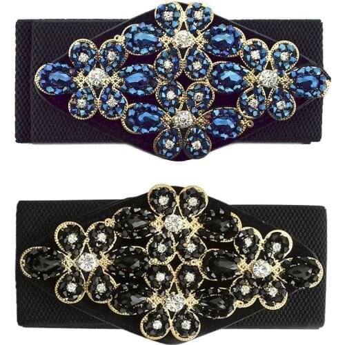 Women Handmade Rhinestone Inlaid Flower Wide Waist Belt Elastic Dress Waistband