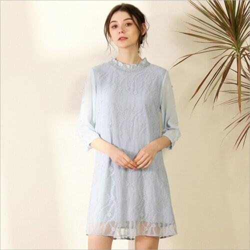 Womens 2021 Spring And Summer New Ruffled Hollow Beaded Dress Blue Female Silk Stitching Loose And Slimming Dress Lady Vestidos