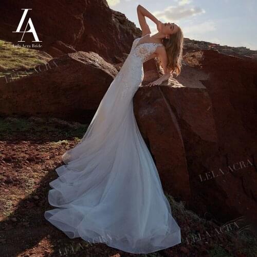 LelaAcra Sleeveless Wedding Dress 2022 Appliques V-neck Beading Mermaid Princess Court Train Bride Gowns NE07 Vestido de Noiva