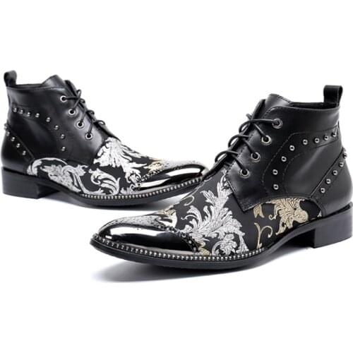 Autumn Men Ankle High Boots Studded Plus Size 47 Male Dress Floral Pointed Toe Casual Leather Shoes Man Chelsea Boots cowboy