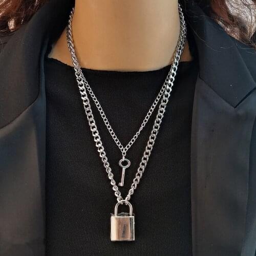 Lover Goth Padlock Lock Double Chain Key Necklace Silver Color Women Men Punk Pendant Friendship Choker Neck Accessories 2021